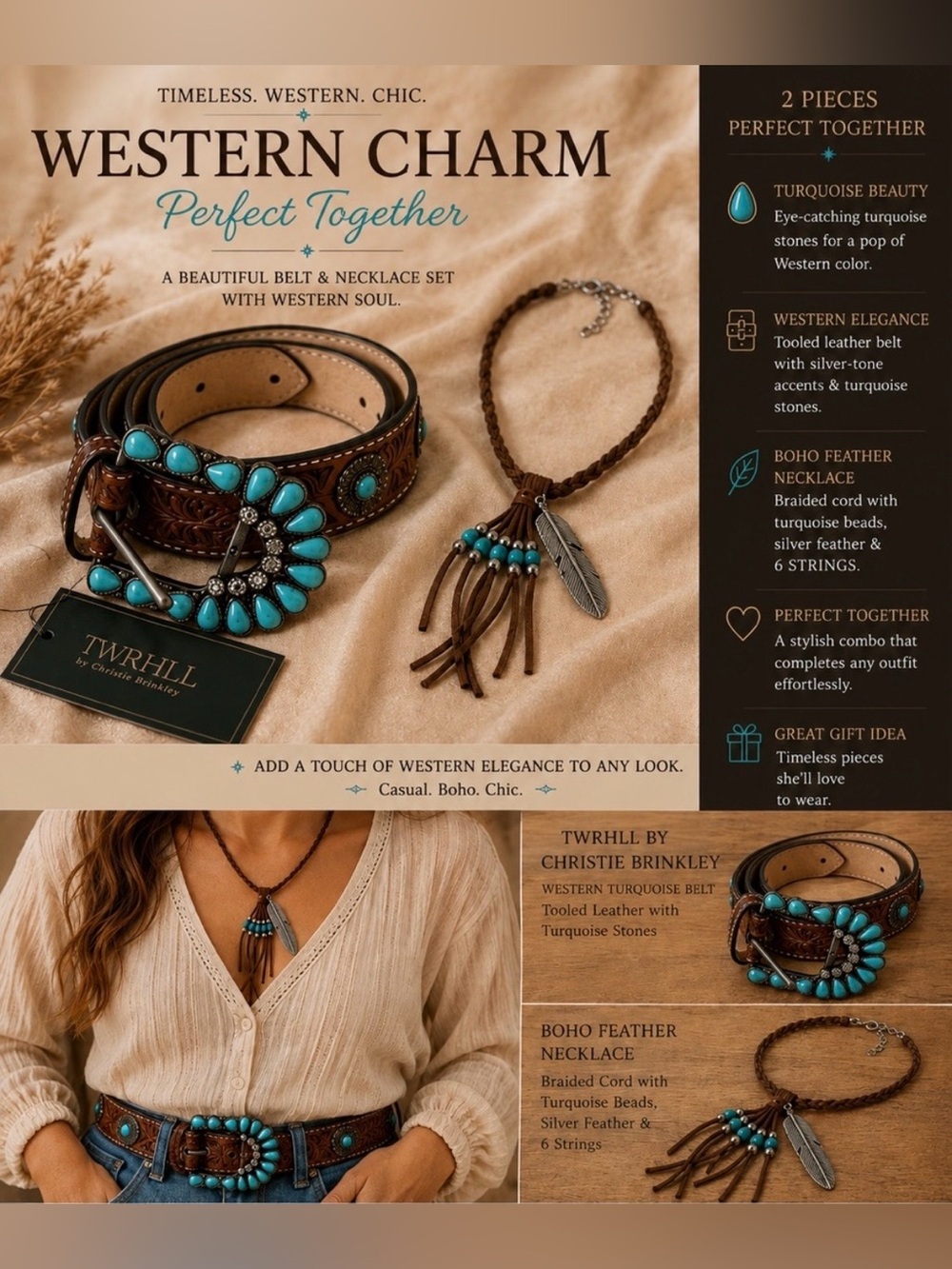 TWRHILl Women's Turquoise Concho Leather Belt - Brown xl-1x & father necklace